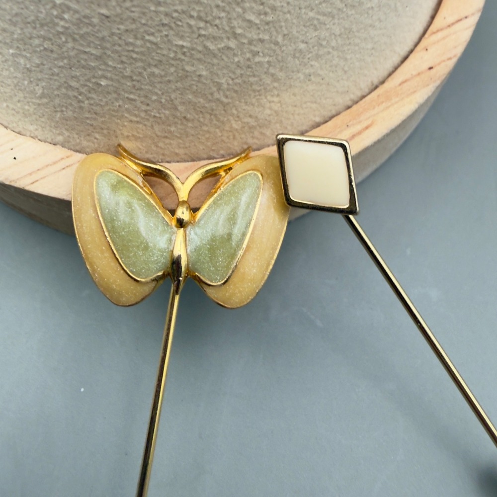 2pc Butterfly Stick Pin Set Gold Tone Enamel Geometric Diamond Yellow Green Hat